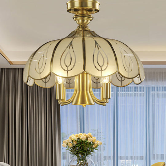 Satin Opal Glass Semi Flush Mount Lamp In Brass - Colonial Scalloped Hanging Lighting- 5 Bulbs-