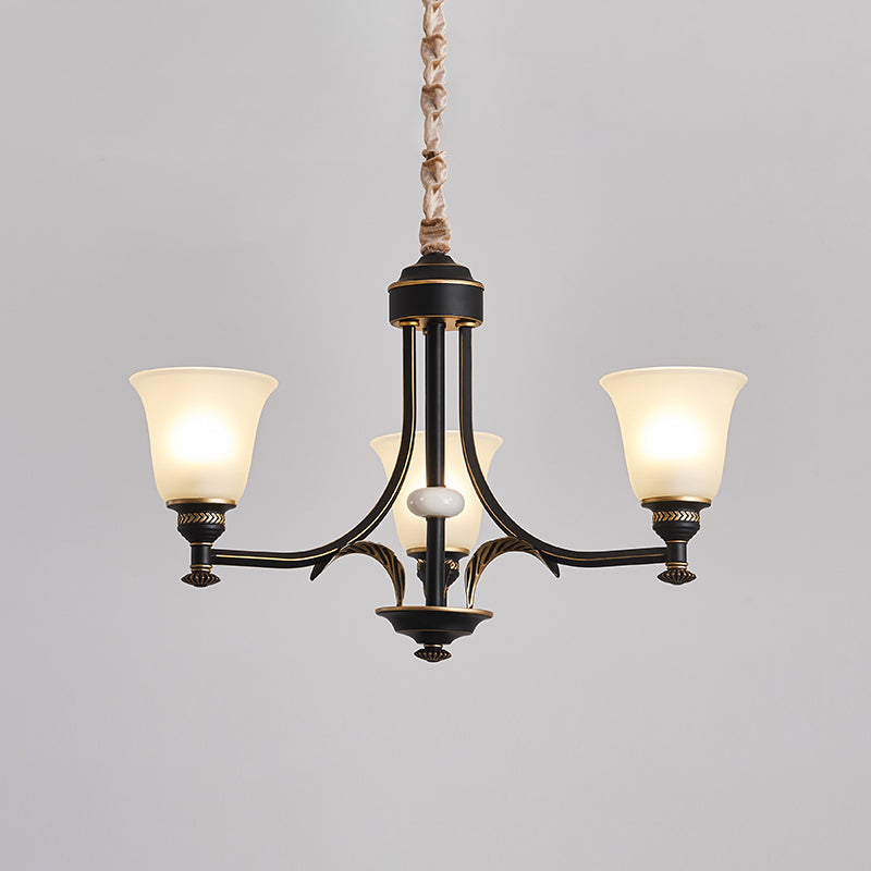 Radial Ceiling Chandelier - Black & Gold With Traditional Cream Glass 3/5/6 Heads Living Room