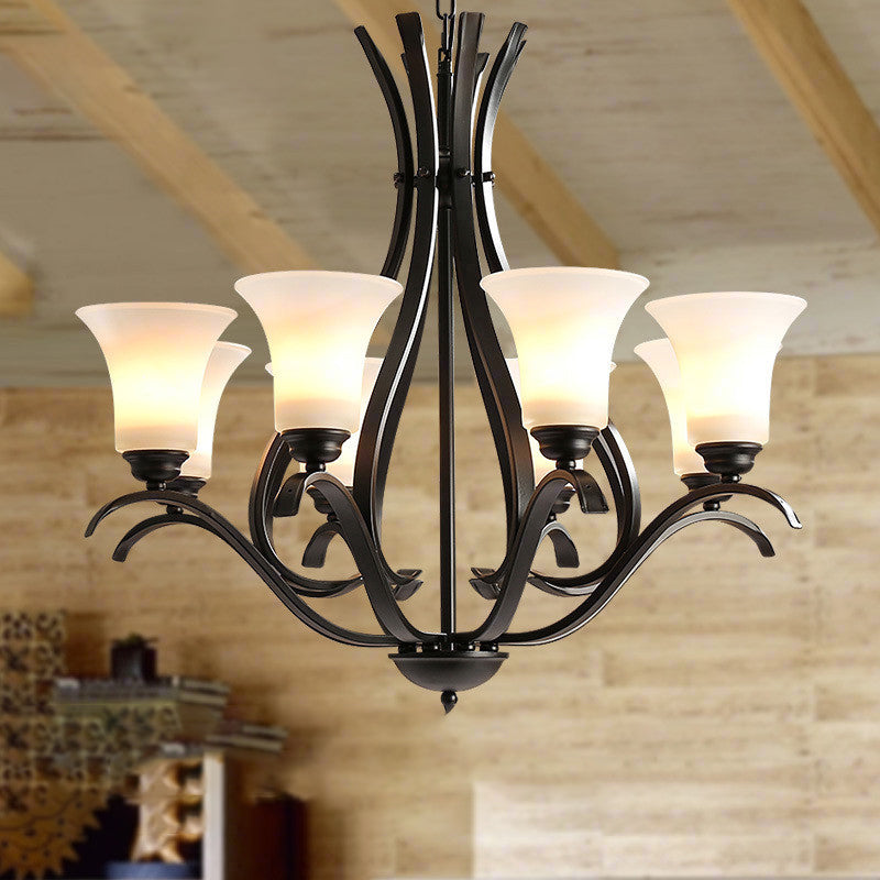 Retro Black Chandelier Pendant Lamp With Cream Glass For Living Room