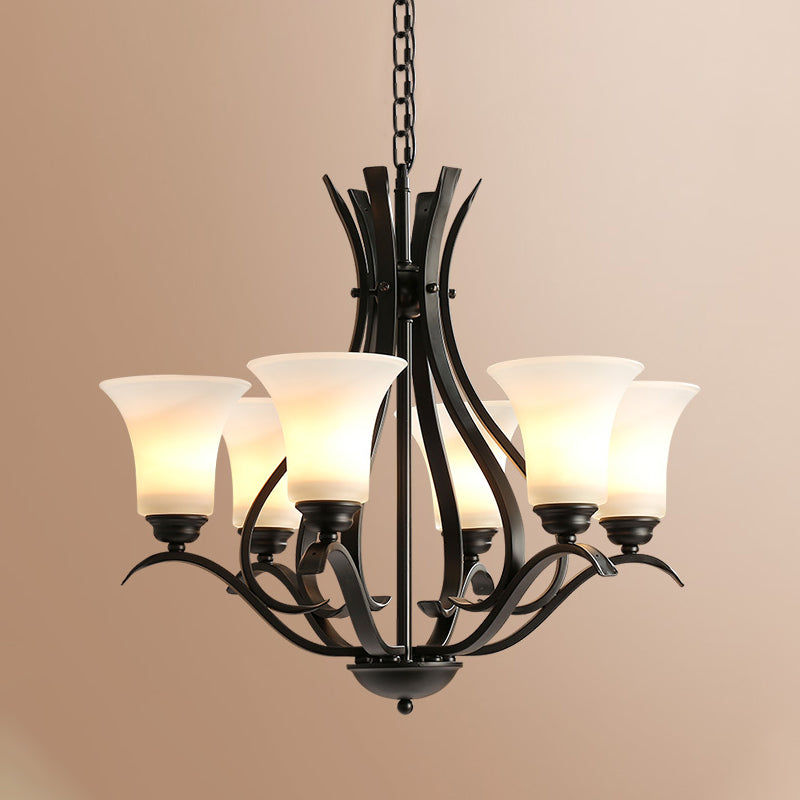 Retro Black Chandelier Pendant Lamp With Cream Glass For Living Room