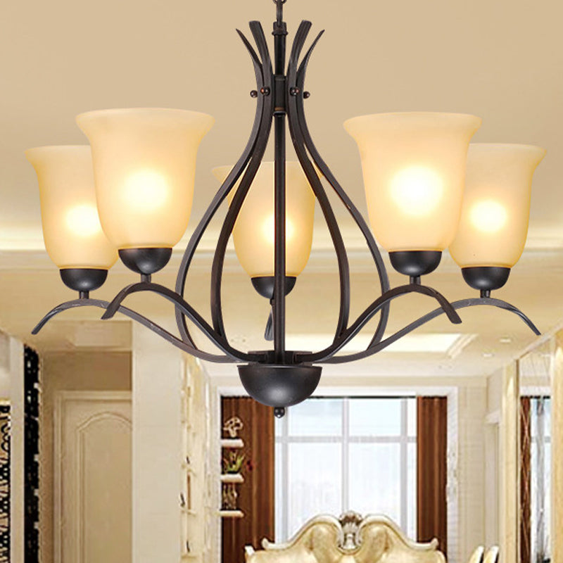 Traditional Bell Pendant Chandelier - Beige Frosted Glass Hanging Light Black