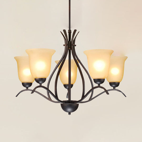 Traditional Bell Pendant Chandelier - Beige Frosted Glass Hanging Light Black