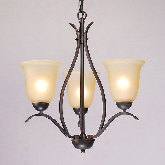 Traditional Bell Pendant Chandelier - Beige Frosted Glass Hanging Light Black