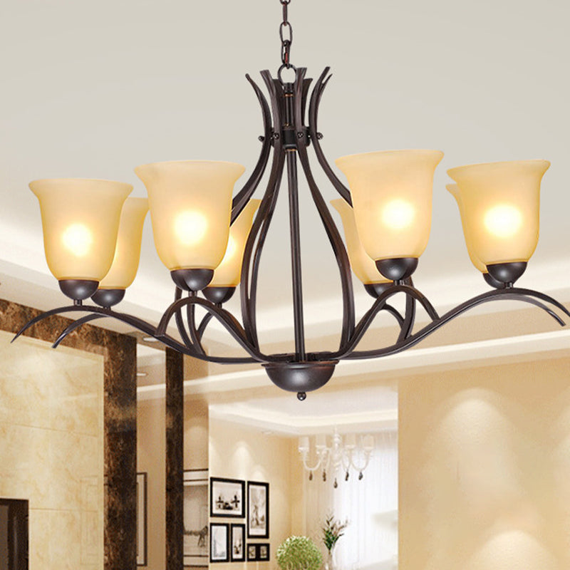 Traditional Bell Pendant Chandelier - Beige Frosted Glass Hanging Light Black 8 /