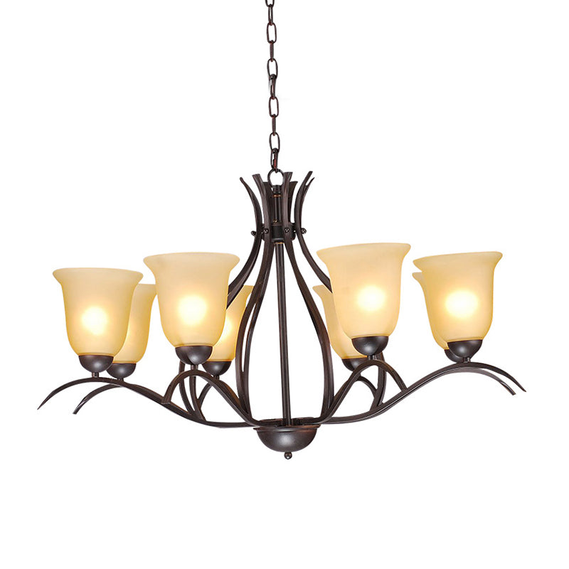 Traditional Bell Pendant Chandelier - Beige Frosted Glass Hanging Light Black