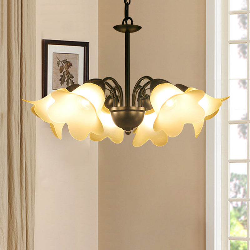 Retro Black Finish Chandelier With Floral Shape Glass Shade - Perfect For Dining Room 3/5/6 Bulb