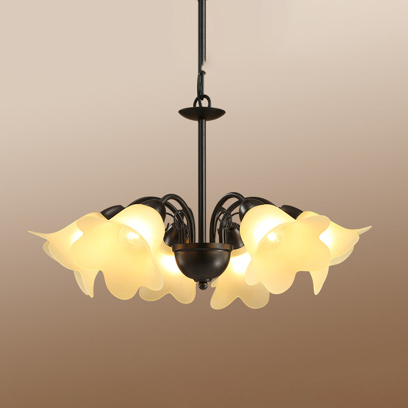 Retro Black Finish Chandelier With Floral Shape Glass Shade - Perfect For Dining Room 3/5/6 Bulb