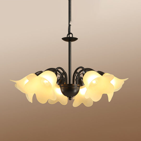 Retro Black Finish Chandelier With Floral Shape Glass Shade - Perfect For Dining Room 3/5/6 Bulb