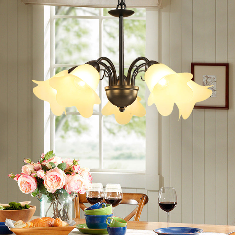 Retro Black Finish Chandelier With Floral Shape Glass Shade - Perfect For Dining Room 3/5/6 Bulb