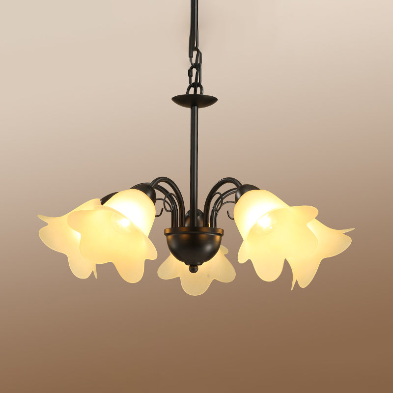 Retro Black Finish Chandelier With Floral Shape Glass Shade - Perfect For Dining Room 3/5/6 Bulb