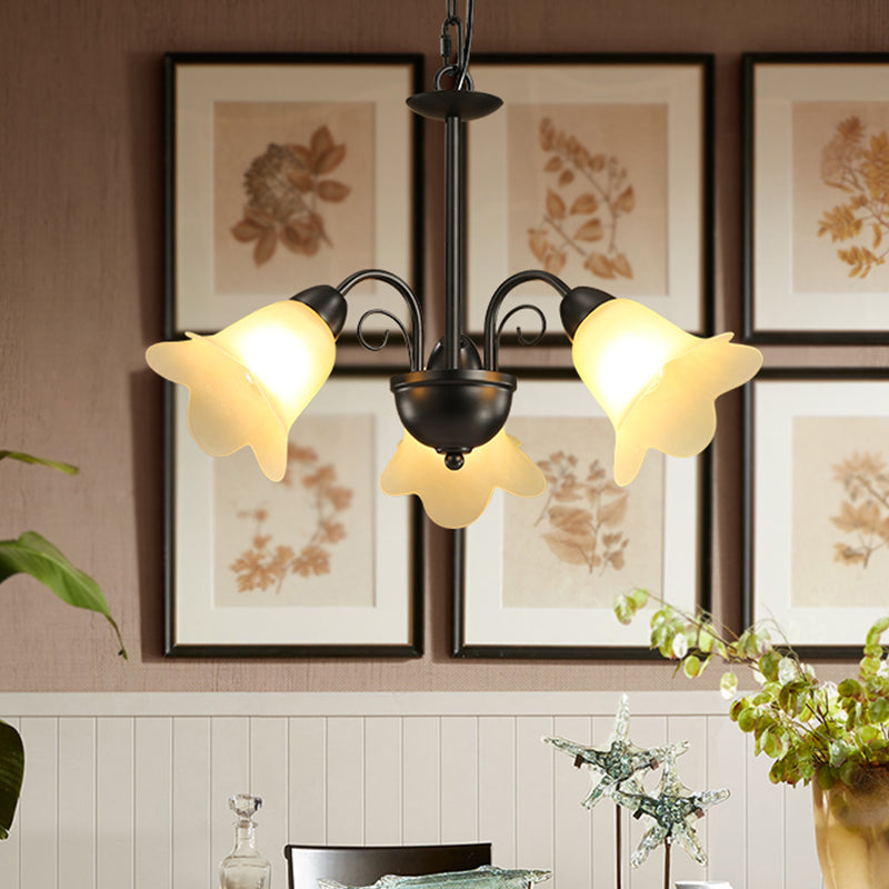 Retro Black Finish Chandelier With Floral Shape Glass Shade - Perfect For Dining Room 3/5/6 Bulb