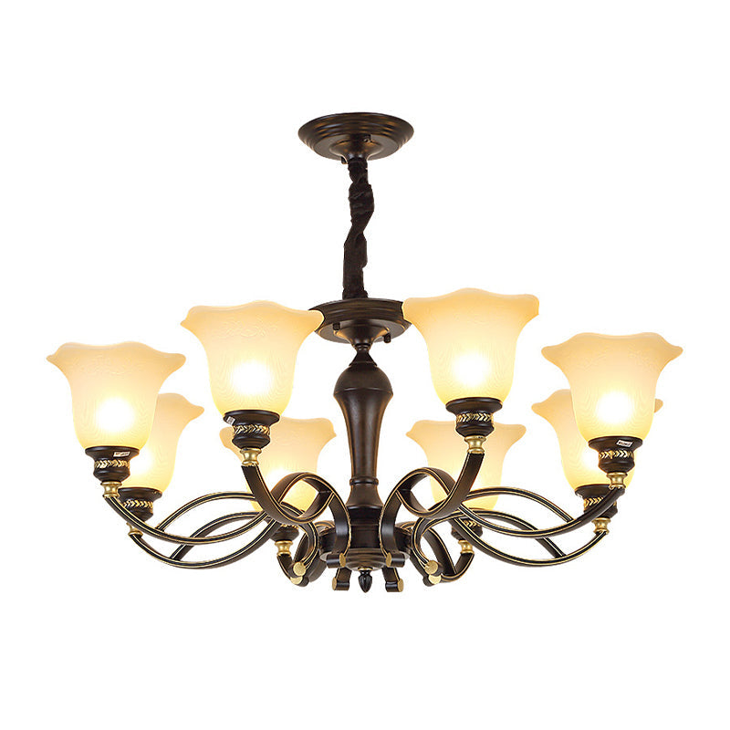 Traditional Blossom Chandelier - White Frosted Glass Ceiling Lamp Fixture In Black