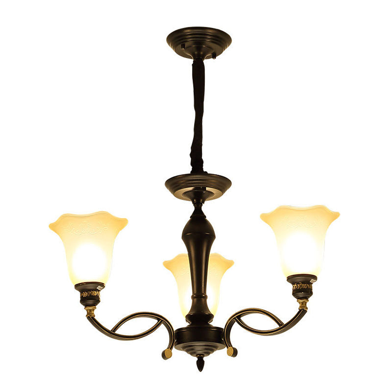 Traditional Blossom Chandelier - White Frosted Glass Ceiling Lamp Fixture In Black 3 /