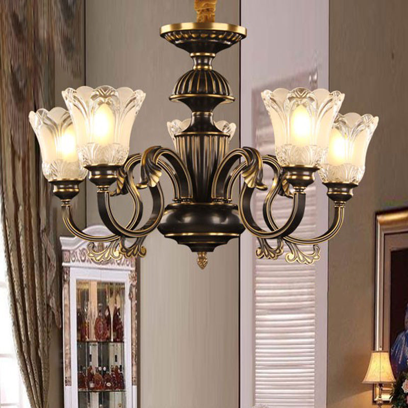 Traditional Metal Starburst Pendant Chandelier With 5 Lights In Black/Gold & Frosted Flower Glass