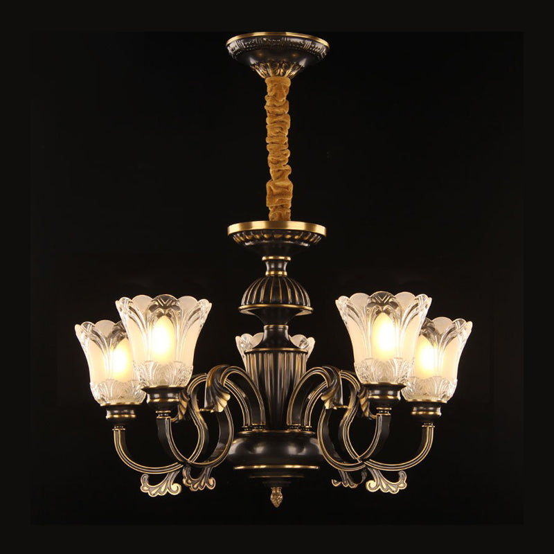 Traditional Metal Starburst Pendant Chandelier With 5 Lights In Black/Gold & Frosted Flower Glass