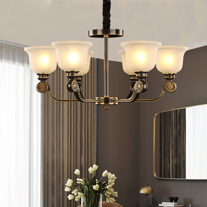 Black And Gold Sandblasted Glass Bell Pendant Chandelier - 6 Bulb Ceiling Lamp Traditional Style