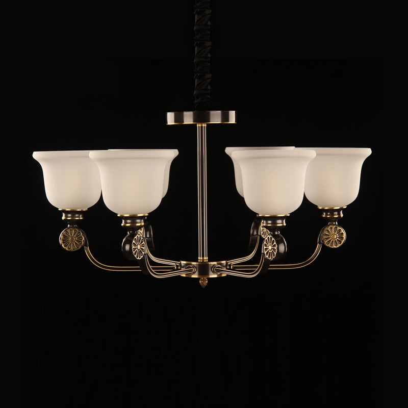 Black And Gold Sandblasted Glass Bell Pendant Chandelier - 6 Bulb Ceiling Lamp Traditional Style