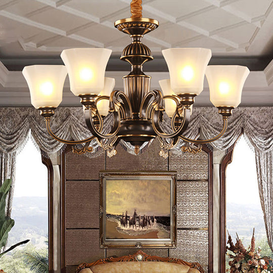 Traditional Bell Chandelier With 6 Lights: Black & Gold White Frosted Glass Pendant Lamp