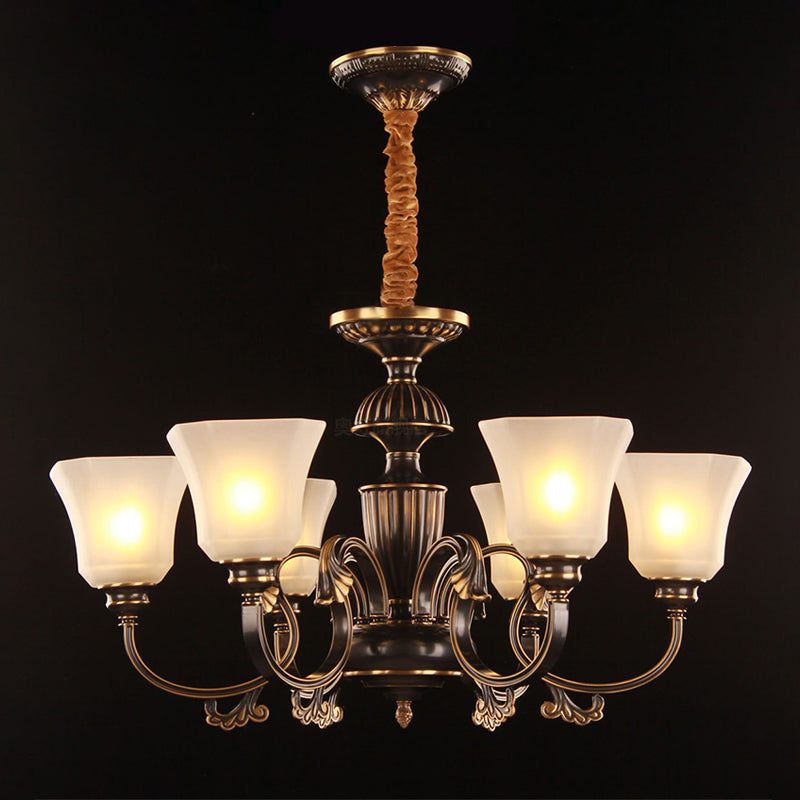 Traditional Bell Chandelier With 6 Lights: Black & Gold White Frosted Glass Pendant Lamp