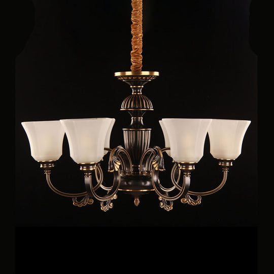 Traditional Bell Chandelier With 6 Lights: Black & Gold White Frosted Glass Pendant Lamp