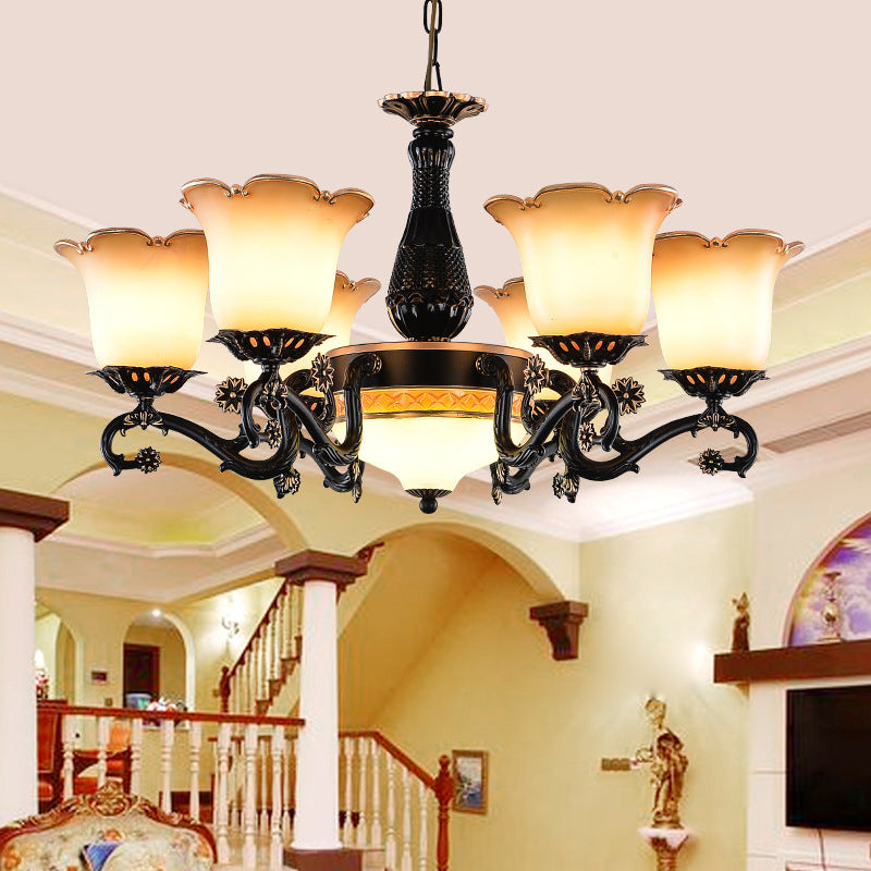 Floral Pendant Chandelier With Frosted Glass And Bulbs - Black Hanging Light For Bedroom 7 /