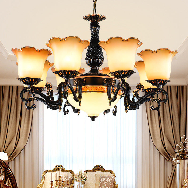 Floral Pendant Chandelier With Frosted Glass And Bulbs - Black Hanging Light For Bedroom 9 /