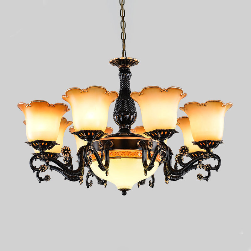 Floral Pendant Chandelier With Frosted Glass And Bulbs - Black Hanging Light For Bedroom