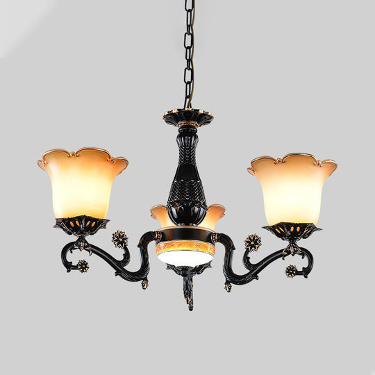 Floral Pendant Chandelier With Frosted Glass And Bulbs - Black Hanging Light For Bedroom