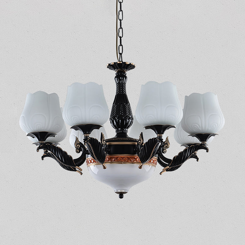 Black Metal Chandelier With Floral White Glass Shades - 4/6/7 Heads Sputnik Suspension Pendant