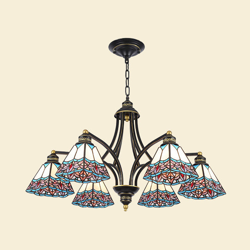 Mediterranean Stained Glass Pyramid Chandelier with 3/6/8 Lights in Vibrant Pink & Blue or Orange & Blue - Perfect for Living Room Ceiling!