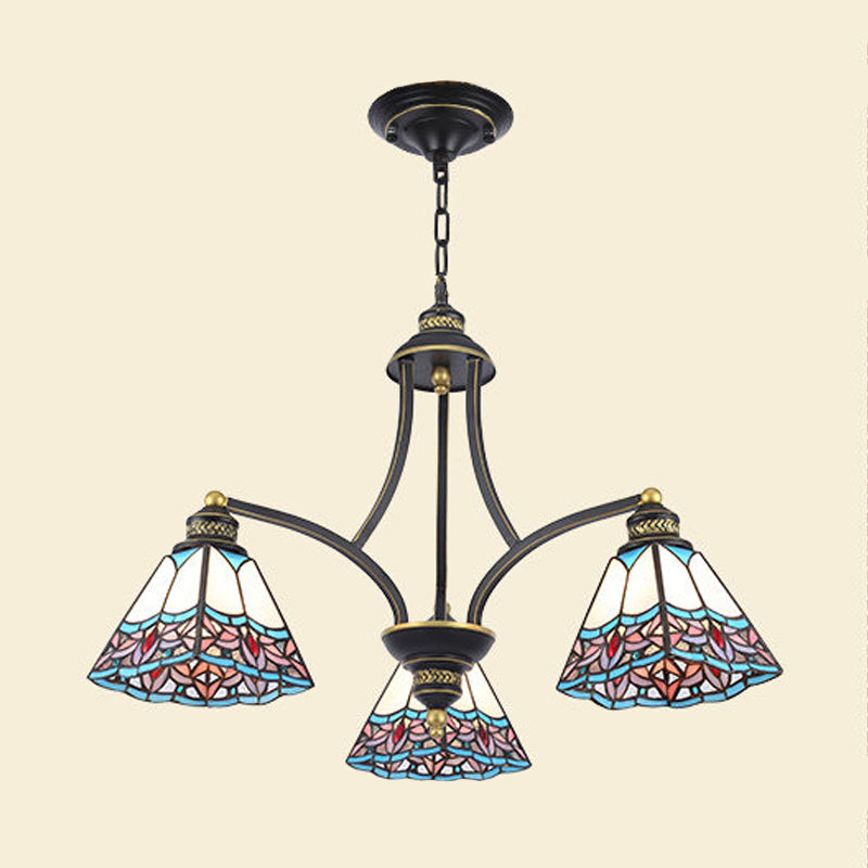 Mediterranean Stained Glass Pyramid Chandelier - 3/6/8 Lights Pink/Blue Or Blue/Orange Ceiling Light