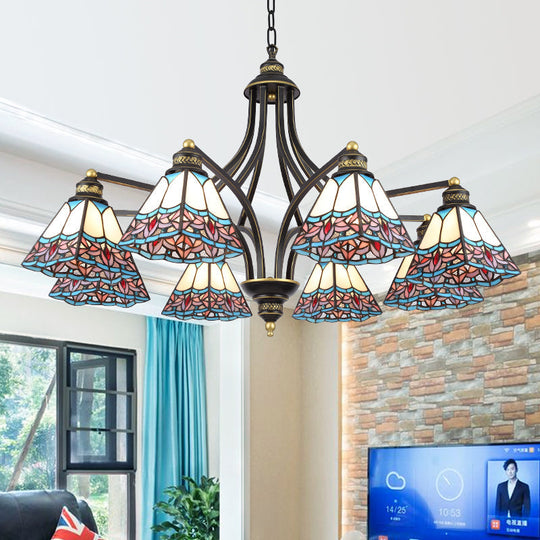 Mediterranean Stained Glass Pyramid Chandelier - 3/6/8 Lights Pink/Blue Or Blue/Orange Ceiling Light