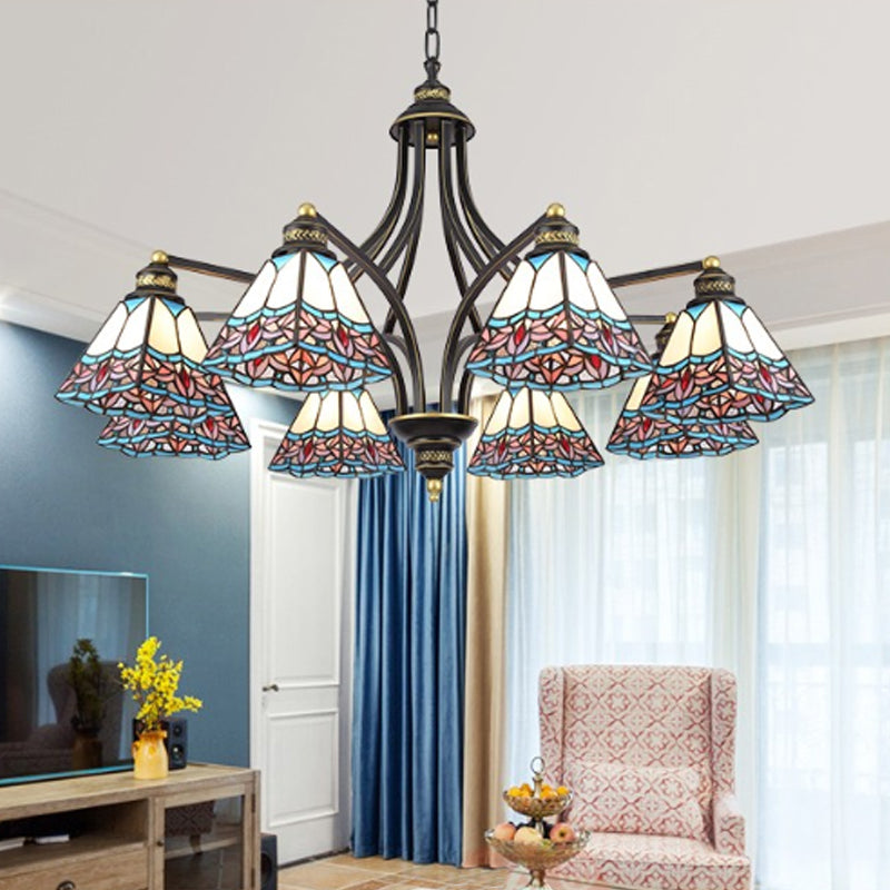 Mediterranean Stained Glass Pyramid Chandelier - 3/6/8 Lights Pink/Blue Or Blue/Orange Ceiling Light