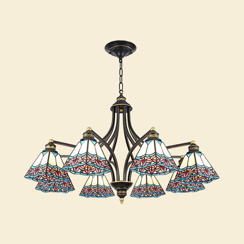 Mediterranean Stained Glass Pyramid Chandelier - 3/6/8 Lights Pink/Blue Or Blue/Orange Ceiling Light