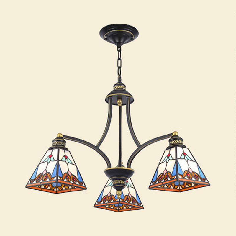 Mediterranean Stained Glass Pyramid Chandelier - 3/6/8 Lights Pink/Blue Or Blue/Orange Ceiling Light