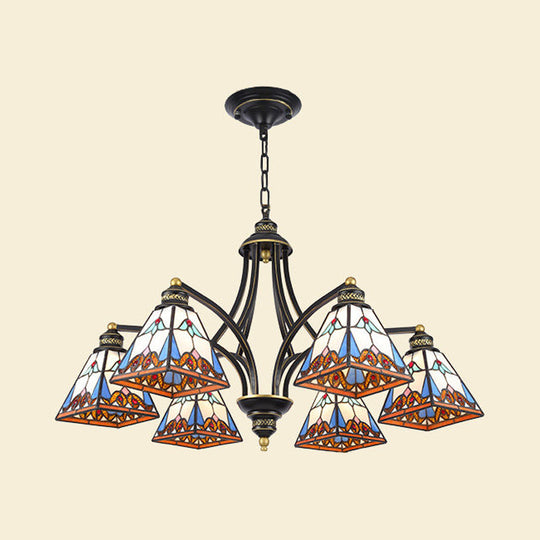 Mediterranean Stained Glass Pyramid Chandelier - 3/6/8 Lights Pink/Blue Or Blue/Orange Ceiling Light