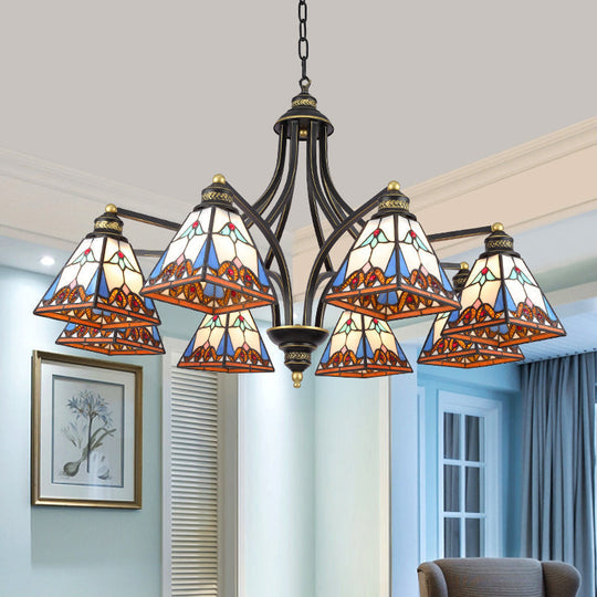 Mediterranean Stained Glass Pyramid Chandelier - 3/6/8 Lights Pink/Blue Or Blue/Orange Ceiling Light