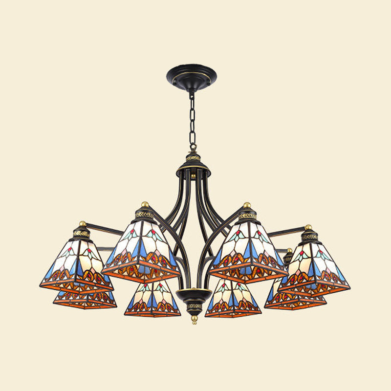 Mediterranean Stained Glass Pyramid Chandelier - 3/6/8 Lights Pink/Blue Or Blue/Orange Ceiling Light