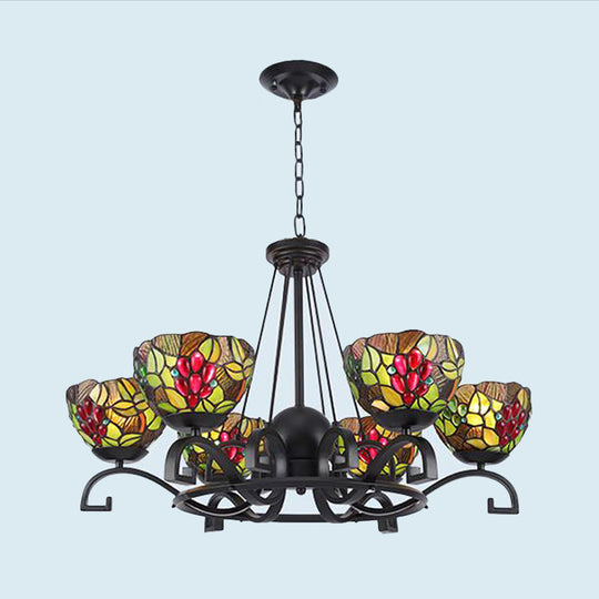 Tiffany Chandelier Light With Black Curved Arms And Cut Glass Suspension - 3/6/8 Lights For Living