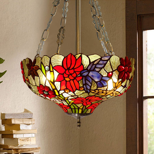 Tiffany Stained Glass Flower Semi-Flush Ceiling Light with 3 Red Heads