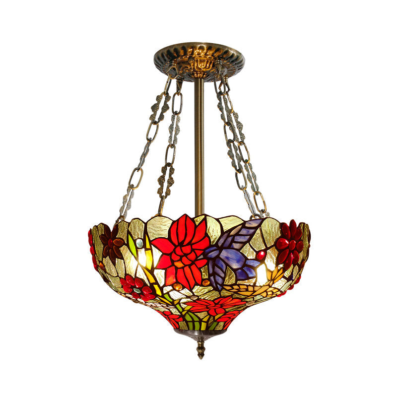 Tiffany Stained Glass Flower Semi-Flush Ceiling Light with 3 Red Heads