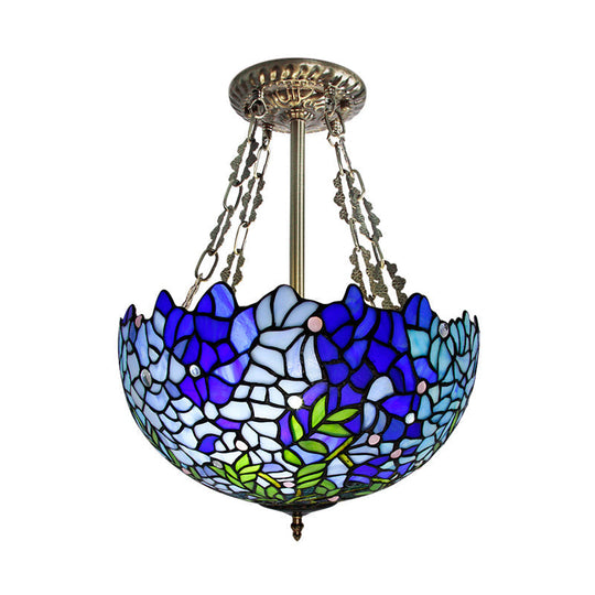 Mediterranean Stained Glass 3-Headed Blue Semi-Flush Dome Ceiling Light