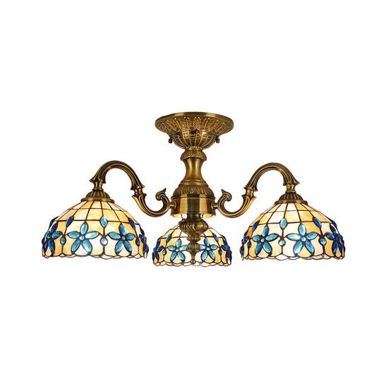 Blue 3-Head Semi Flush Ceiling Light Fixture with Hand-Cut Mediterranean Glass Bowl