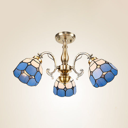 Handcrafted Grid Pattern Art Glass Ceiling Light with Blue Semi Flush Mount - 3/5/11 Heads