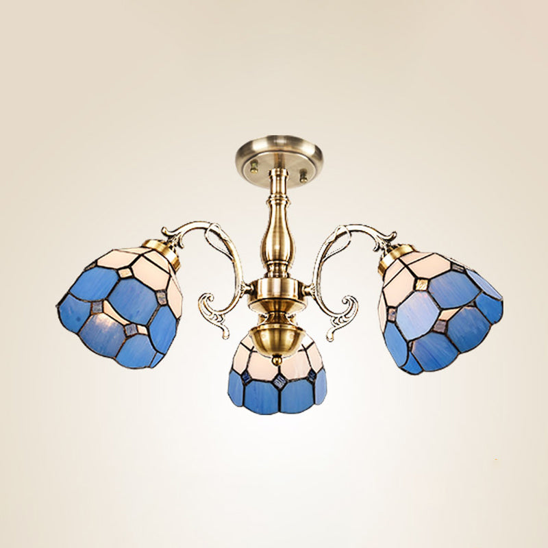 Handcrafted Grid Pattern Art Glass Ceiling Light With Blue Semi Flush Mount - 3/5/11 Heads 3 /