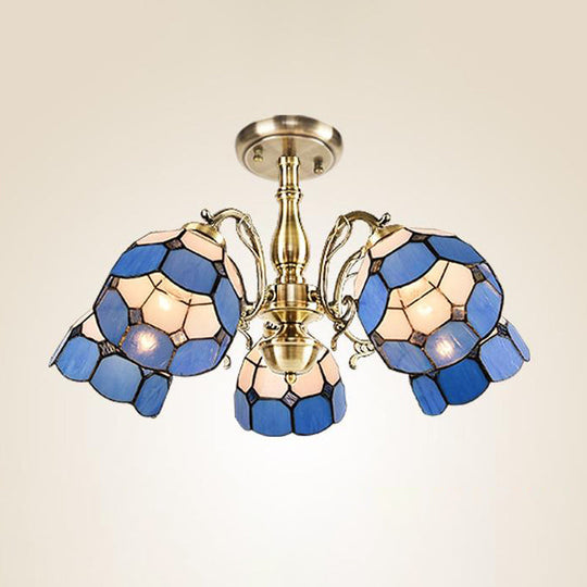 Handcrafted Grid Pattern Art Glass Ceiling Light with Blue Semi Flush Mount - 3/5/11 Heads