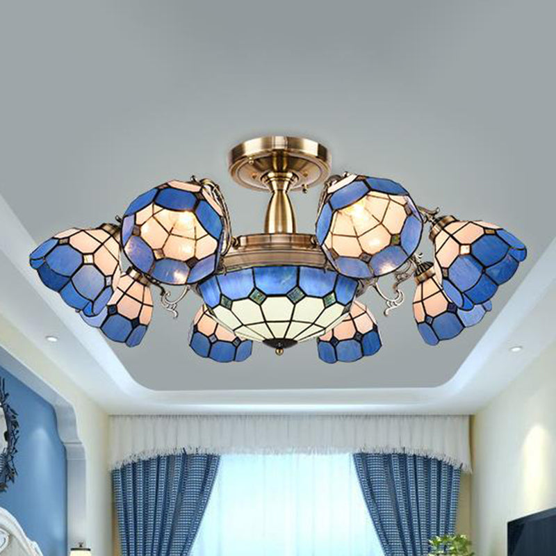 Handcrafted Grid Pattern Art Glass Ceiling Light with Blue Semi Flush Mount - 3/5/11 Heads