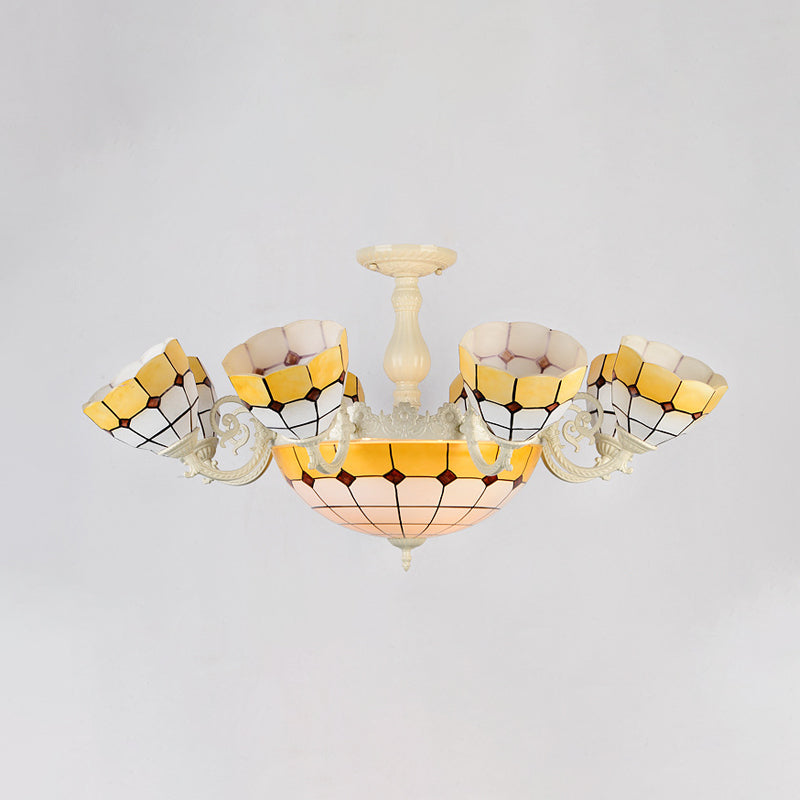 Tiffany Gold/White Stained Glass Semi Flush Mount Ceiling Light - Grid Pattern, 11 Heads