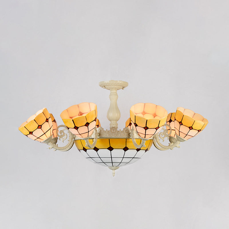 Tiffany Gold/White Stained Glass Semi Flush Mount Ceiling Light - Grid Pattern 11 Heads Gold