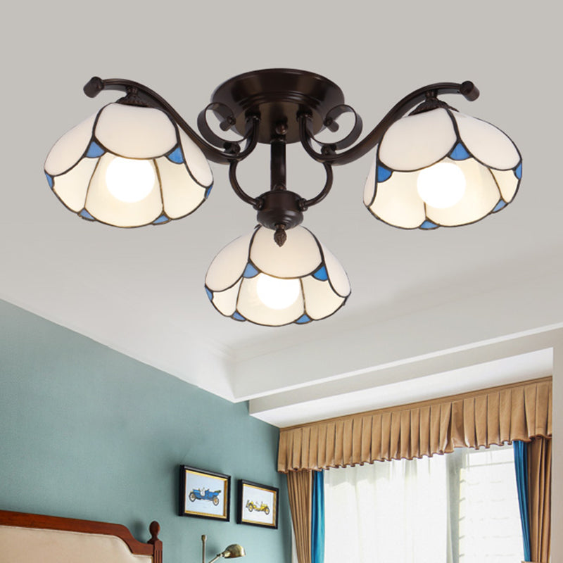 Tiffany Stained Glass Ceiling Lamp: Scalloped Design with Multiple Heads - Gray/White/Blue Flush Mount Light